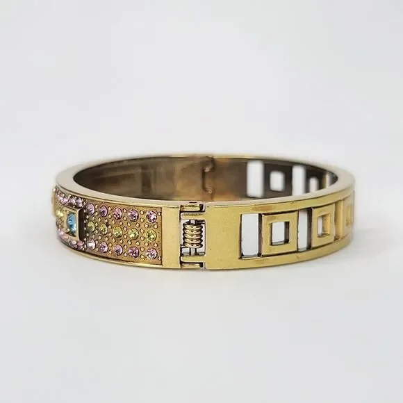 Heidi Daus | Vintage Art Deco 90's Crystal Bronzetone Hinged Bangle Bracelet - Picture 6 of 8